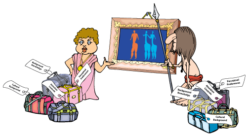 Cartoon showing two very different people looking at a piece of art, each with piles of suitcases.